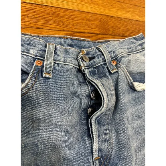 Levi's Womens 501S Skinny Jeans Sz 29 (29x32) Blue Distressed Denim Button Fly - Picture 3 of 9